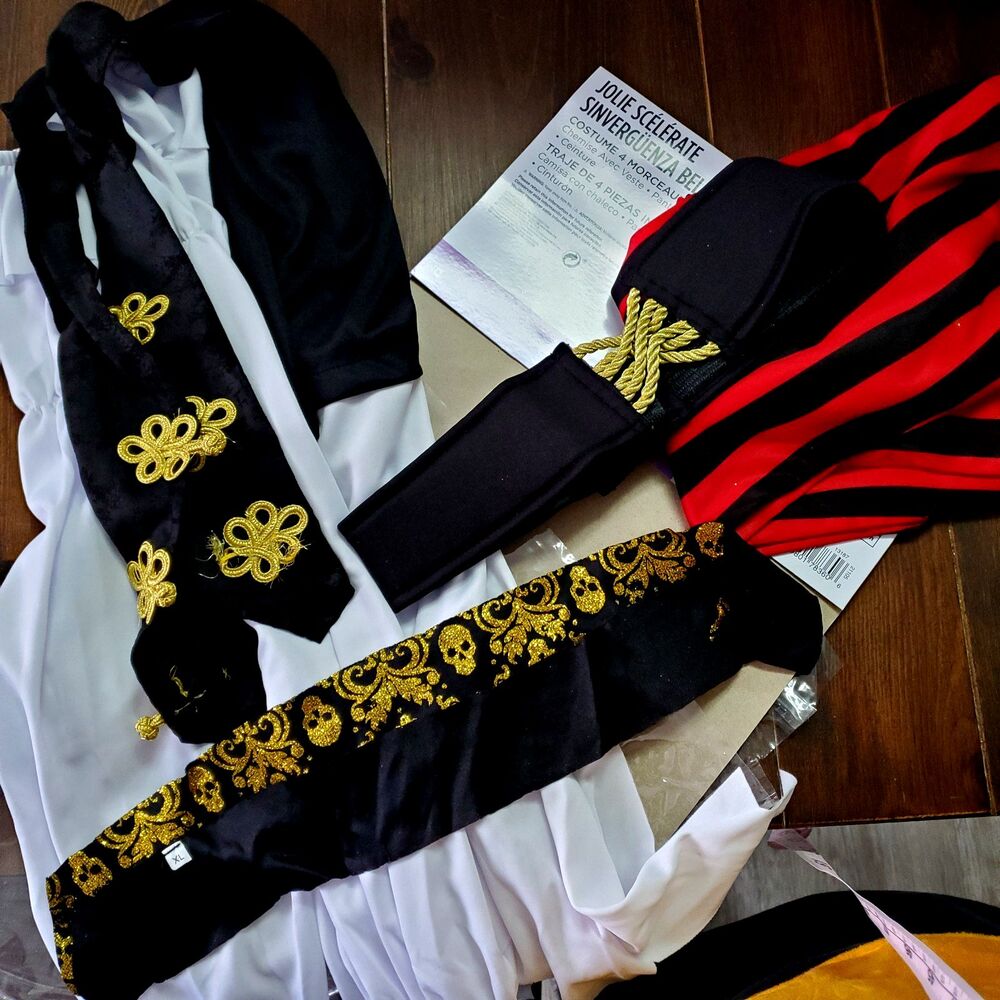 Girl's Pirate Costume XL 14-16 Top Pants Headband Corset Belt Red Black White